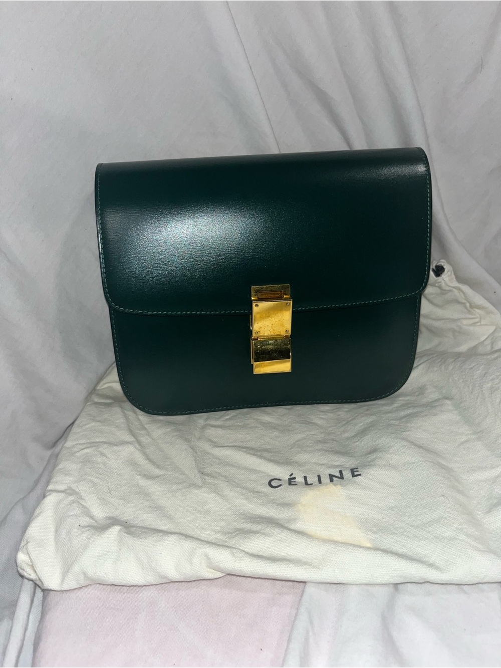 Celine Medium Classic Box Bag Dark Green Leather Gold Hardware